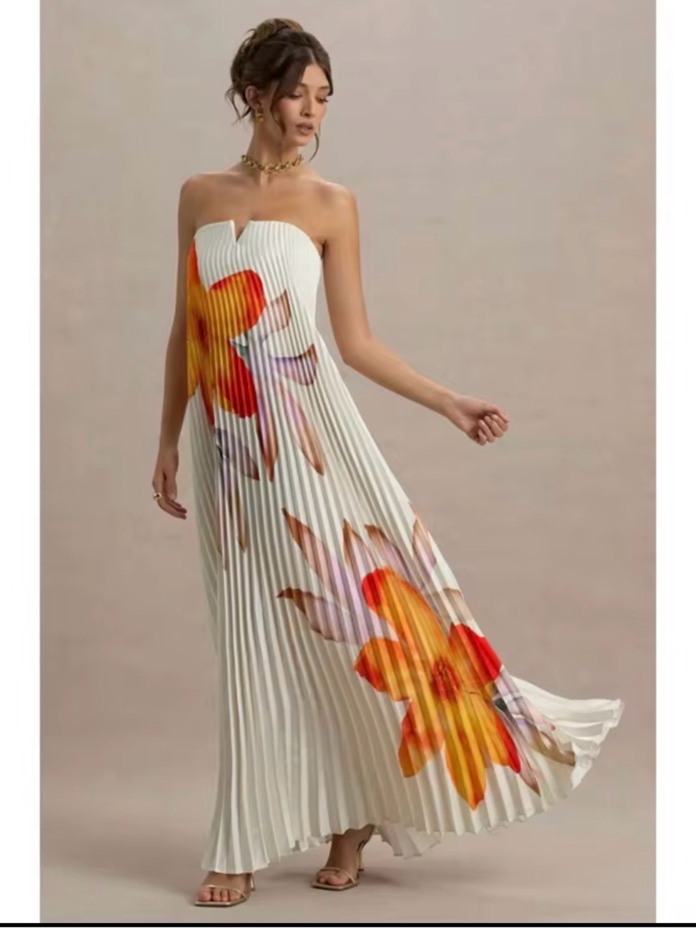 Strapless White Pleated Maxi Dress with Orange Floral Print
